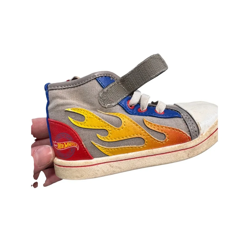 Hot Wheels High Top Sneakers Toddler Size 6 Flames‎ Hook Loop Zip Gray Red Blue